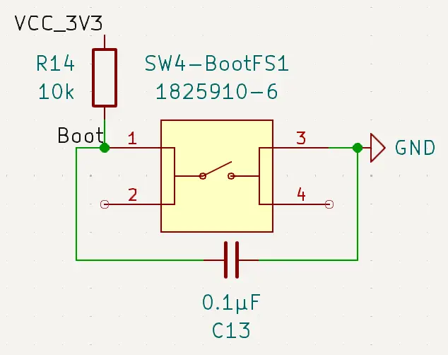 Boot switch schematic for ESP32-S3 with pull-up resistor and debounce cap