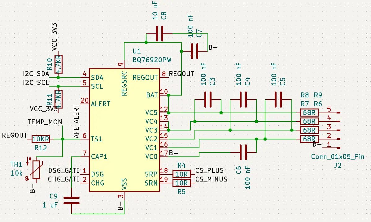 BQ76920 4S schematic in KiCad showing correct VC3-VC4 short and cell tap wiring