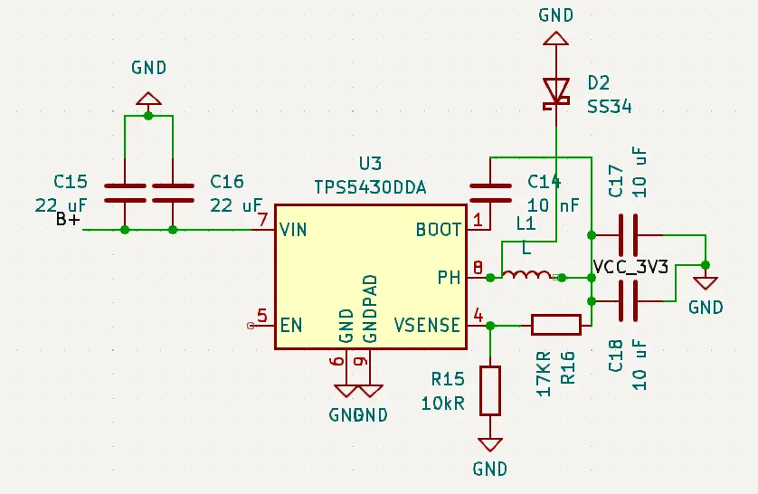 TPS5430DDA 3.3V buck converter schematic in KiCad with Schottky diode, bootstrap cap, and feedback divider