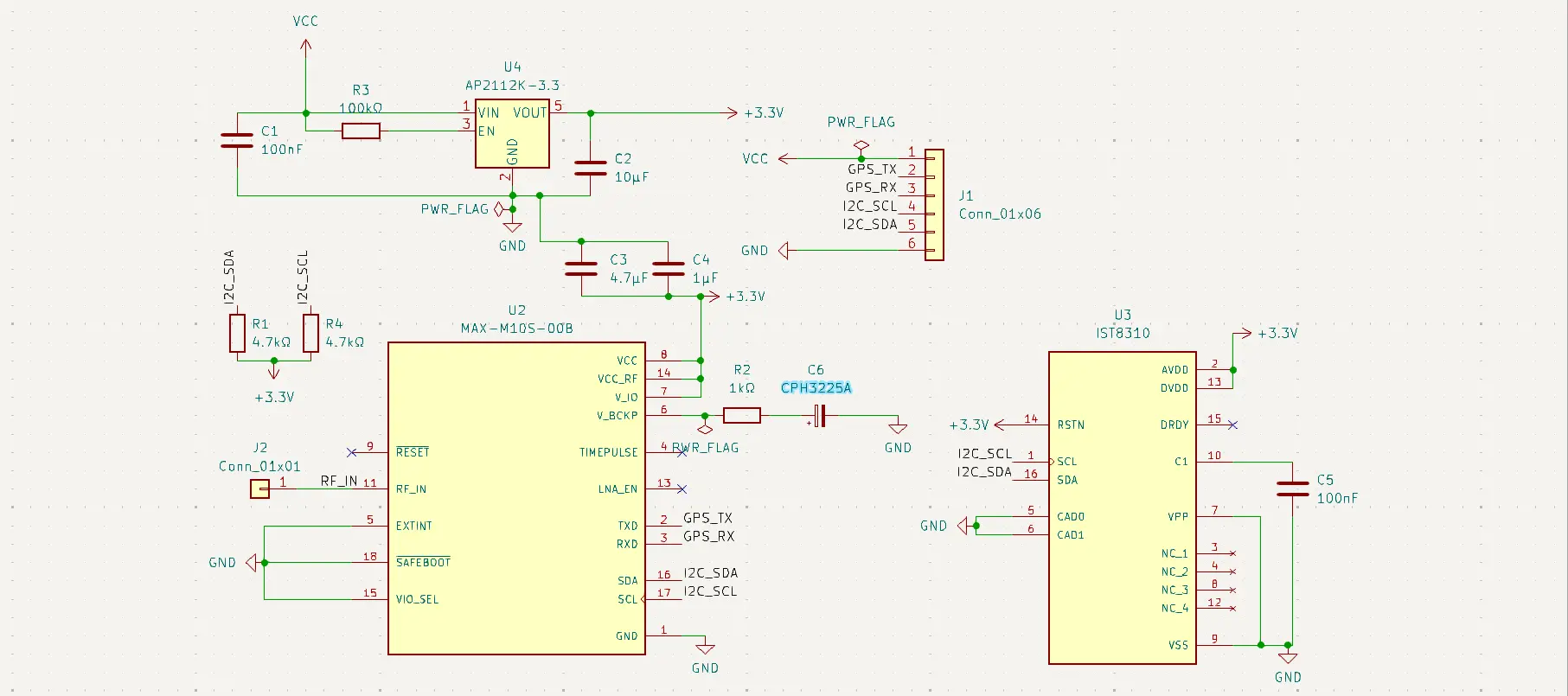 GPS module schematic showing MAX-M10S V_BCKP pin connected to CPH3225A supercapacitor via 1kΩ resistor