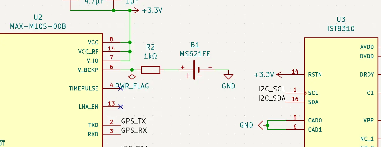 GPS module schematic showing MAX-M10S V_BCKP pin connected to MS621FE rechargeable coin cell via 1kΩ charging resistor