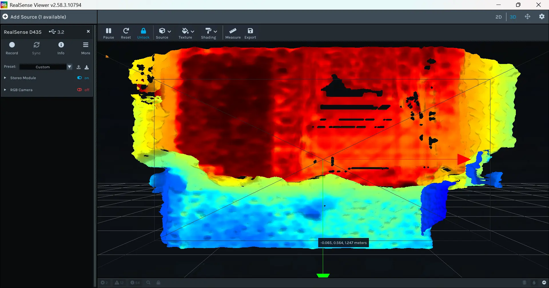 Intel RealSense D435 live point cloud view in RealSense Viewer showing room geometry