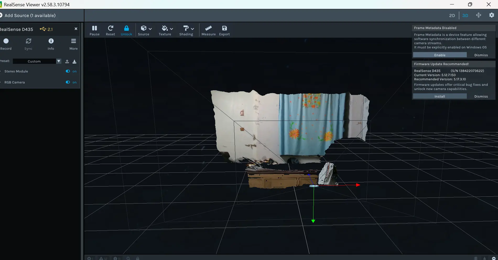 Intel RealSense Viewer showing active depth and RGB streams from D435