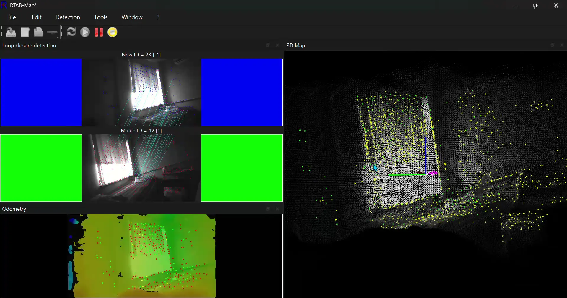 RTAB-Map active mapping session showing live RGB-D feed, odometry graph, and 3D point cloud building in real time