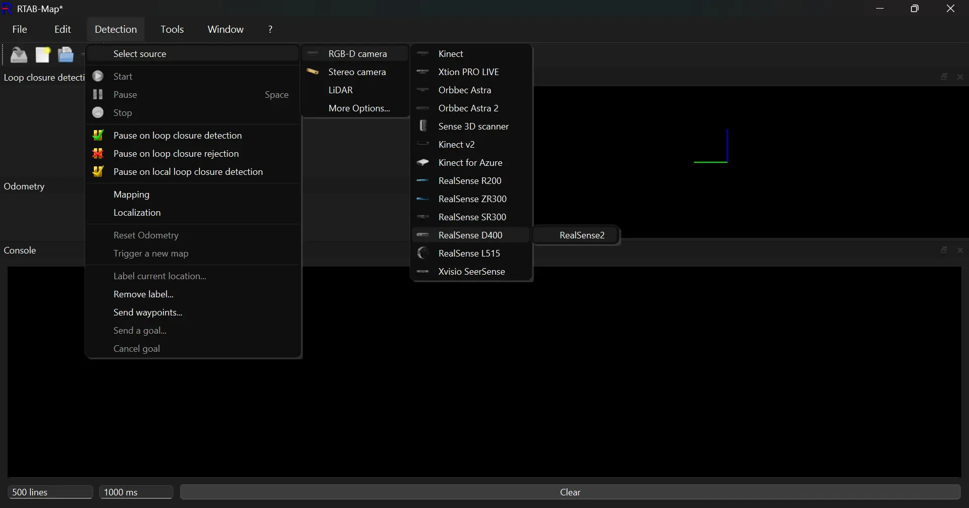 RTAB-Map preferences window showing RealSense2 selected as the camera source
